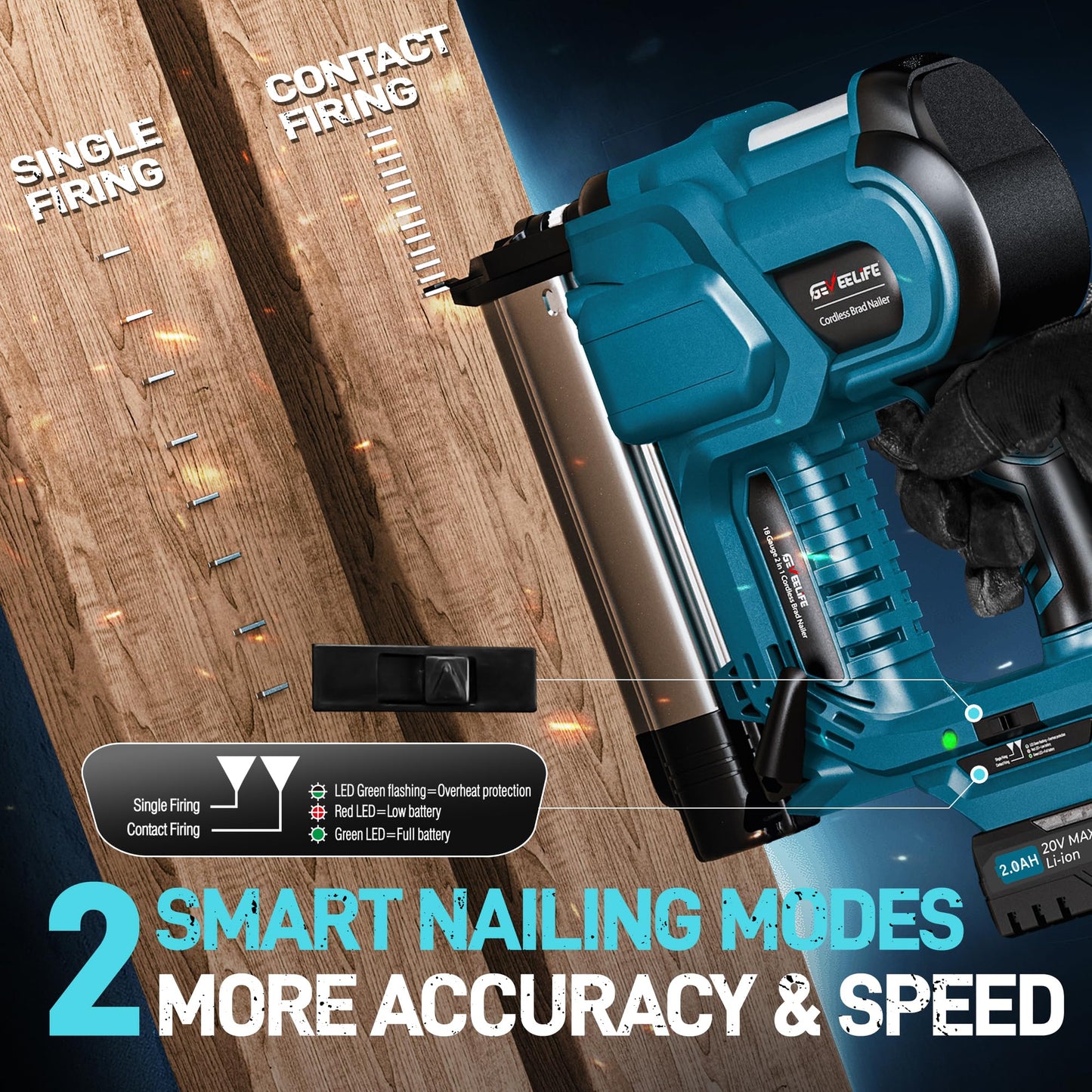 GEVEELIFE Cordless 2" Brad Nailer, 2-in-1 20V Nail Gun Cordless with 2×2.0Ah Batteries, 18GA Nail Gun & Staple Gun,1000pcs Nails, Adjustable Depth, 2 Modes for Wood Carpentry
