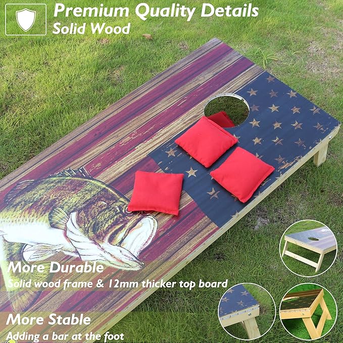 LED Cornhole Board Set 4FTx2FT Solid Wood Regulation Size Cornhole Set with LED Lights Includes 8 Cornhole Bags for Adults (USA Flag & Fish, 4'x2')