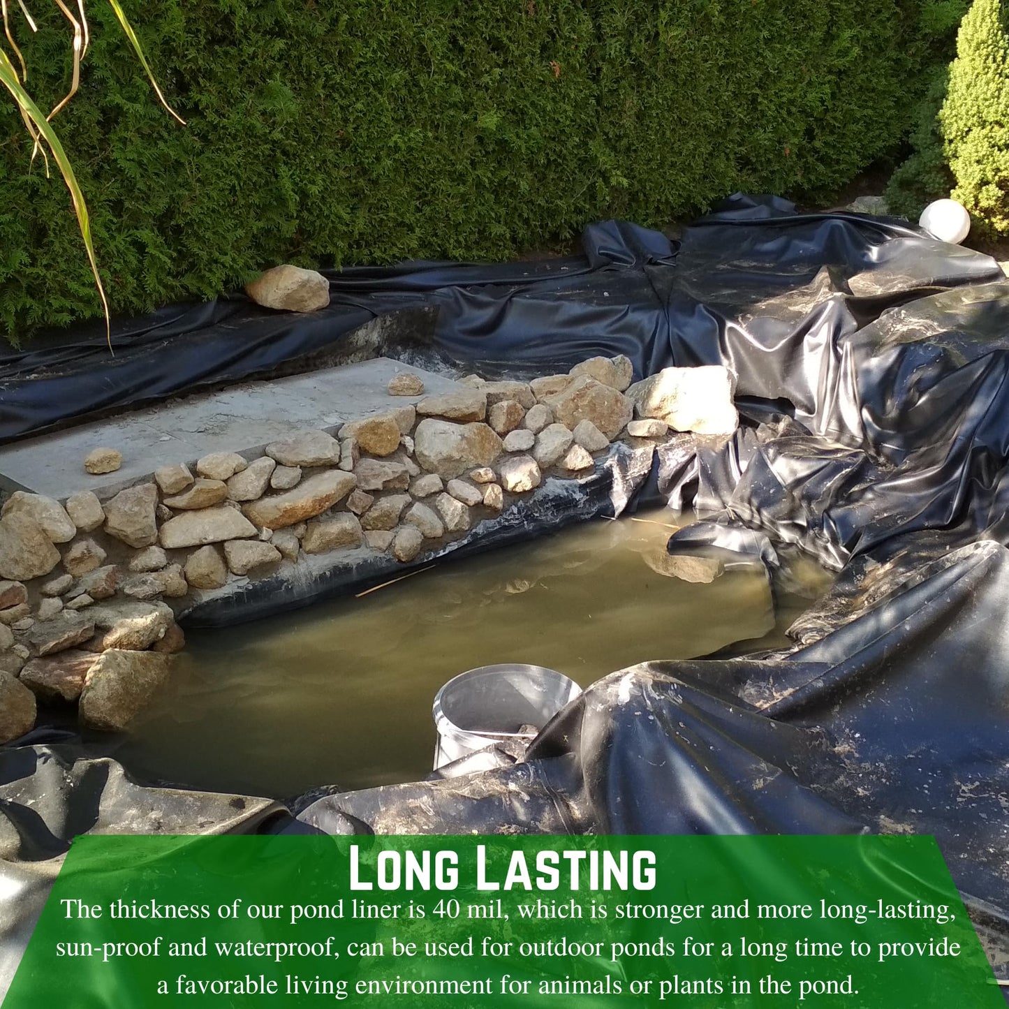 Farm Plastic Supply - 40 Mil Black Pond Liner - Pond Liner, Water Containment Liner, Containment Liner, 40 Mil Fish Pond LLDPE for Outdoor Ponds (12.5' x 10')