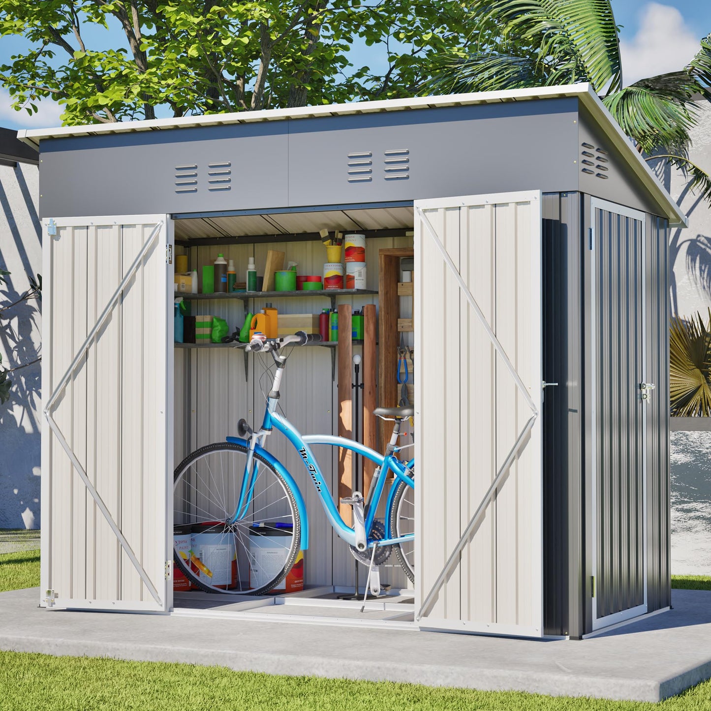 YOPTO 4x8 FT Outdoor Storage Shed,Slope Roof Storage Metal Garden Shed Steel with Reinforced Beams,All Weather Waterproof Garden Tool House W/Lockable Door & 4 Air Vents,for Backyard,Patio,Lawn,Grey