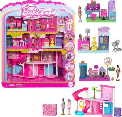 Barbie Mini Land DreamHouse - 3 Playsets with 4 Dolls, Furniture & Accessories | Pet Boutique, Hair Salon & Supermarket