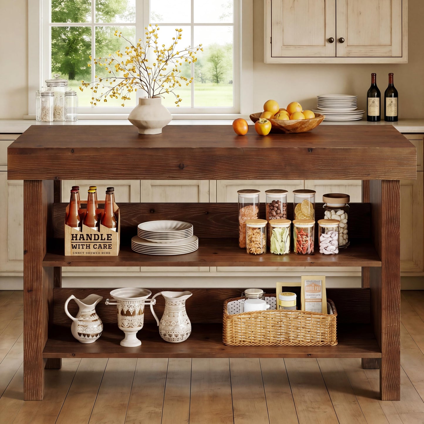 TRIBEWOOD 55" Solid Wood Kitchen Island with Storage, Farmhouse Kitchen Island Table with 3-Tier Open Shelves and Large Countertop for Kitchen, Dining & Living Room, Walnut