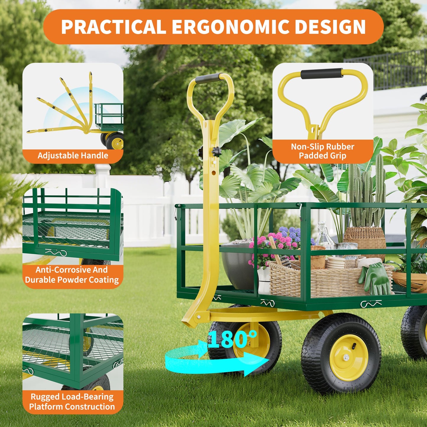 3-in-1 Heavy-Duty Steel Garden Cart, 1200 Lbs Garden Wagon, with 13 Inch All-Terrain Tires and Removable Mesh Side Panels, 180° Rotating Handle, Metal Multi-Function Carts, Outdoor Gardens Wagon Cart