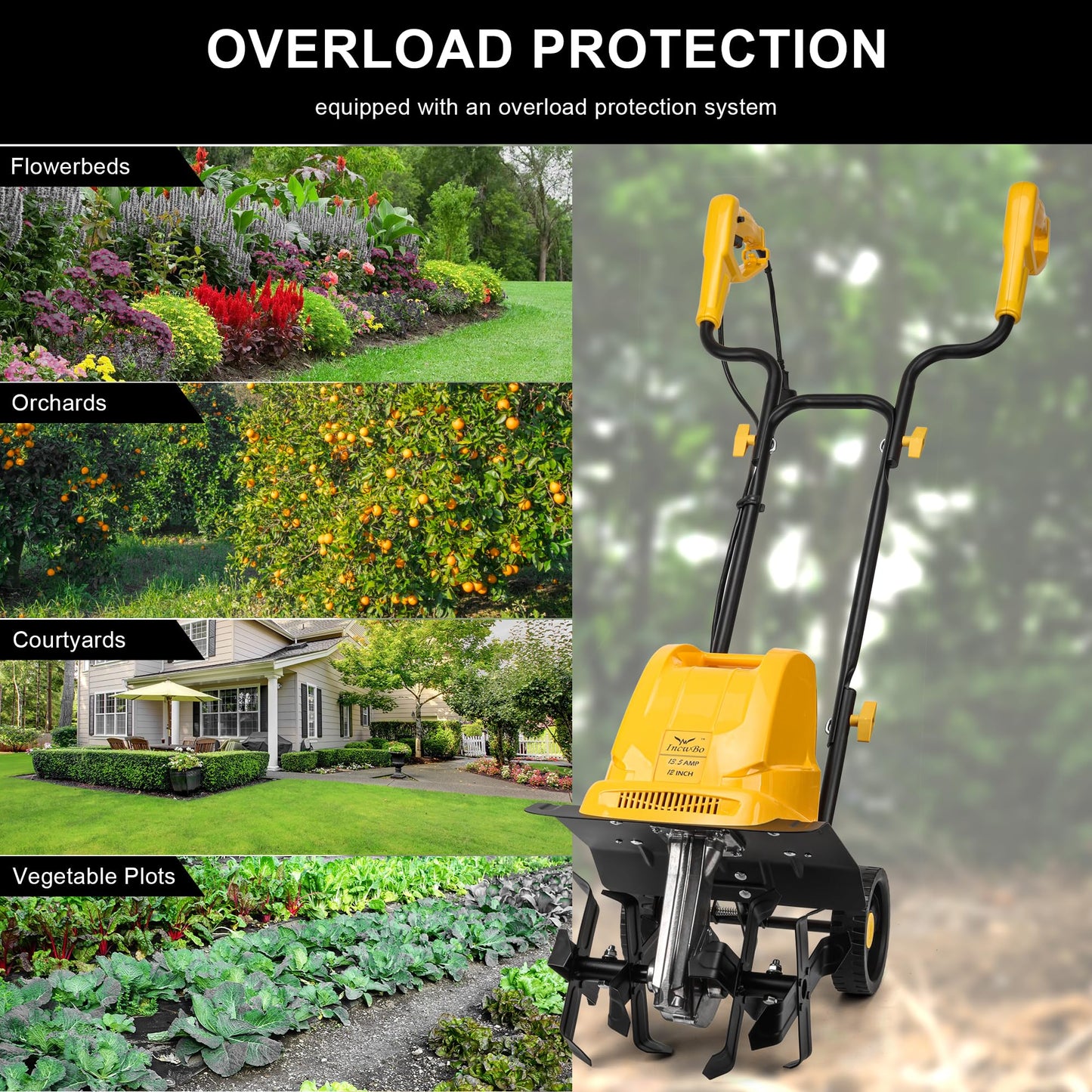 IncwBo Electric Tiller/Cultivator 4 Steel Tines, 8'' Tilling Depth Garden Roto Tillers for Gardening, 13.5 Amp 12 Inch Corded Rototiller with Adjustable Wheels, Yellow
