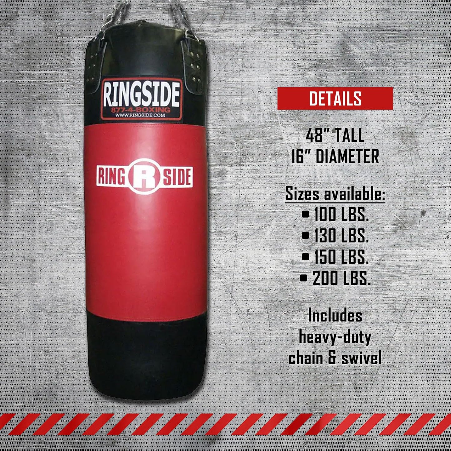 Ringside Soft Filled Leather Heavy Bag – Durable Boxing Punching Bag with D-Ring, Chain & Swivel Included – 16" x 48" – for Training, MMA & Fitness (New & Improved, 100 lb)