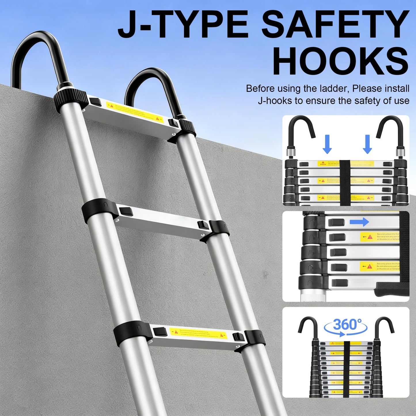 Telescoping Ladder 26.2FT Aluminum Lightweight Extension Ladder with Hooks 330 Lbs Heavy Duty Non-Slip Feet Folding Ladder Multi-Purpose Collapsible for Home RV Attic Outdoor Use (26.2 FT with Hooks)