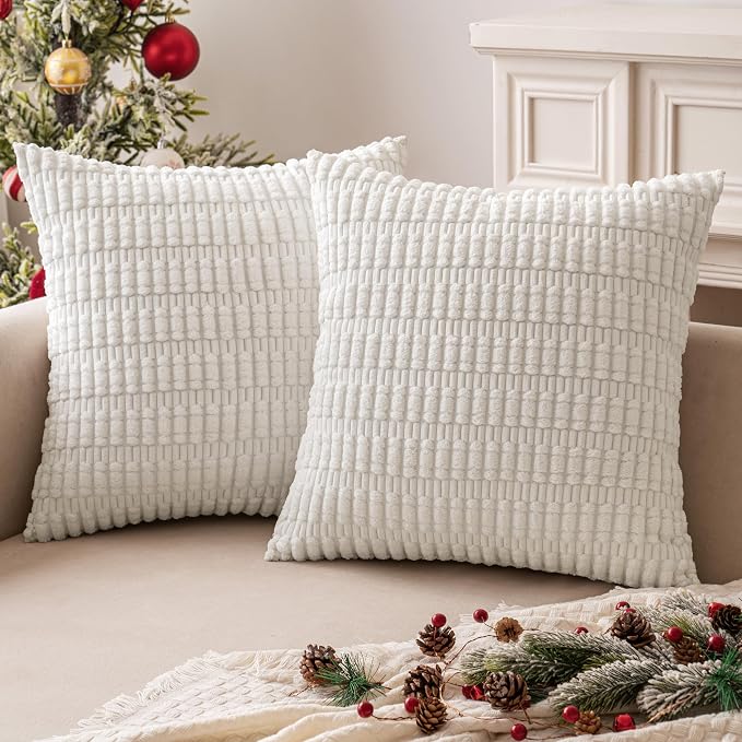 MIULEE Pack of 2 Corduroy Decorative Throw Pillow Covers 20x20 Inch Soft Boho Striped Pillow Covers Modern Farmhouse Home Decor for Sofa Living Room Couch Bed Pure White