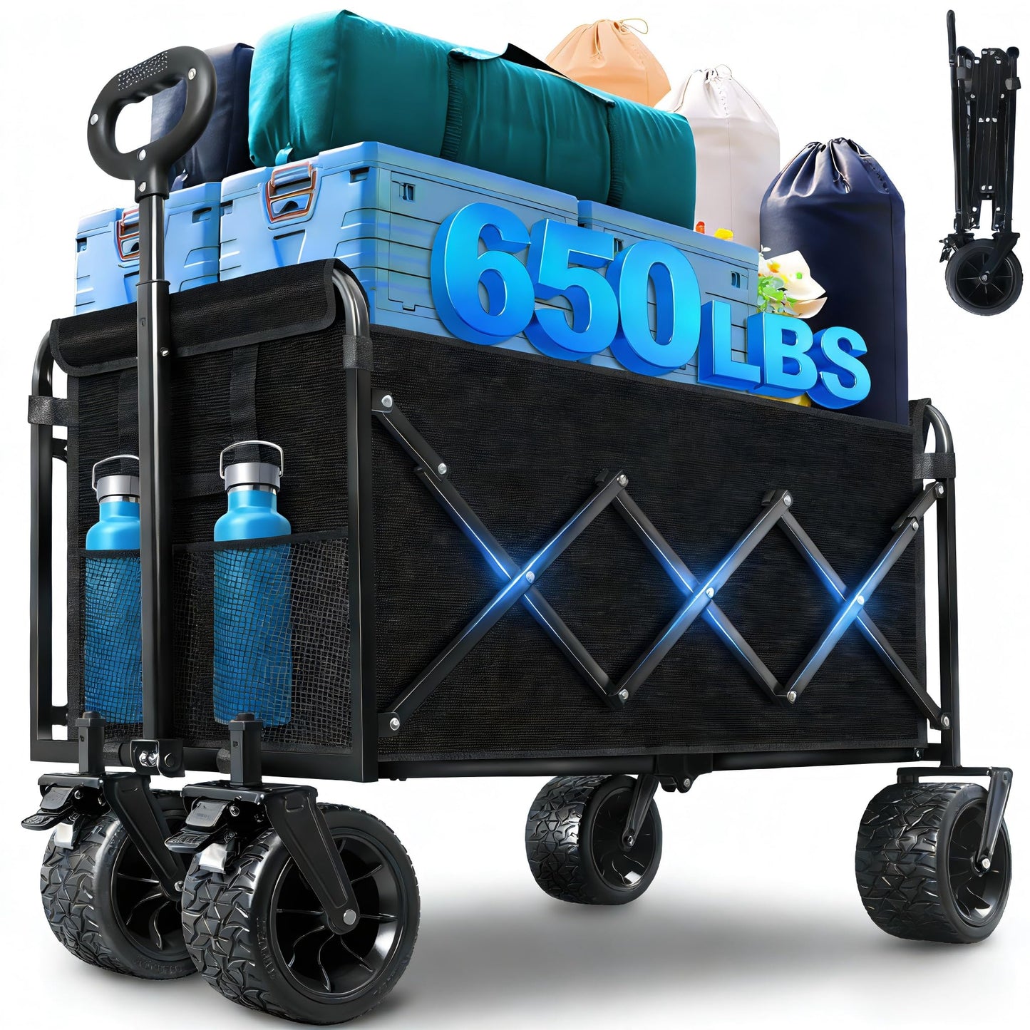 Collapsible Wagon Cart, 650lbs Capacity 300L Folding Utility Wagon with All-Terrain Wheels & Brakes, Heavy Duty Foldable Beach Cart for Groceries, Camping, Sports, Shopping
