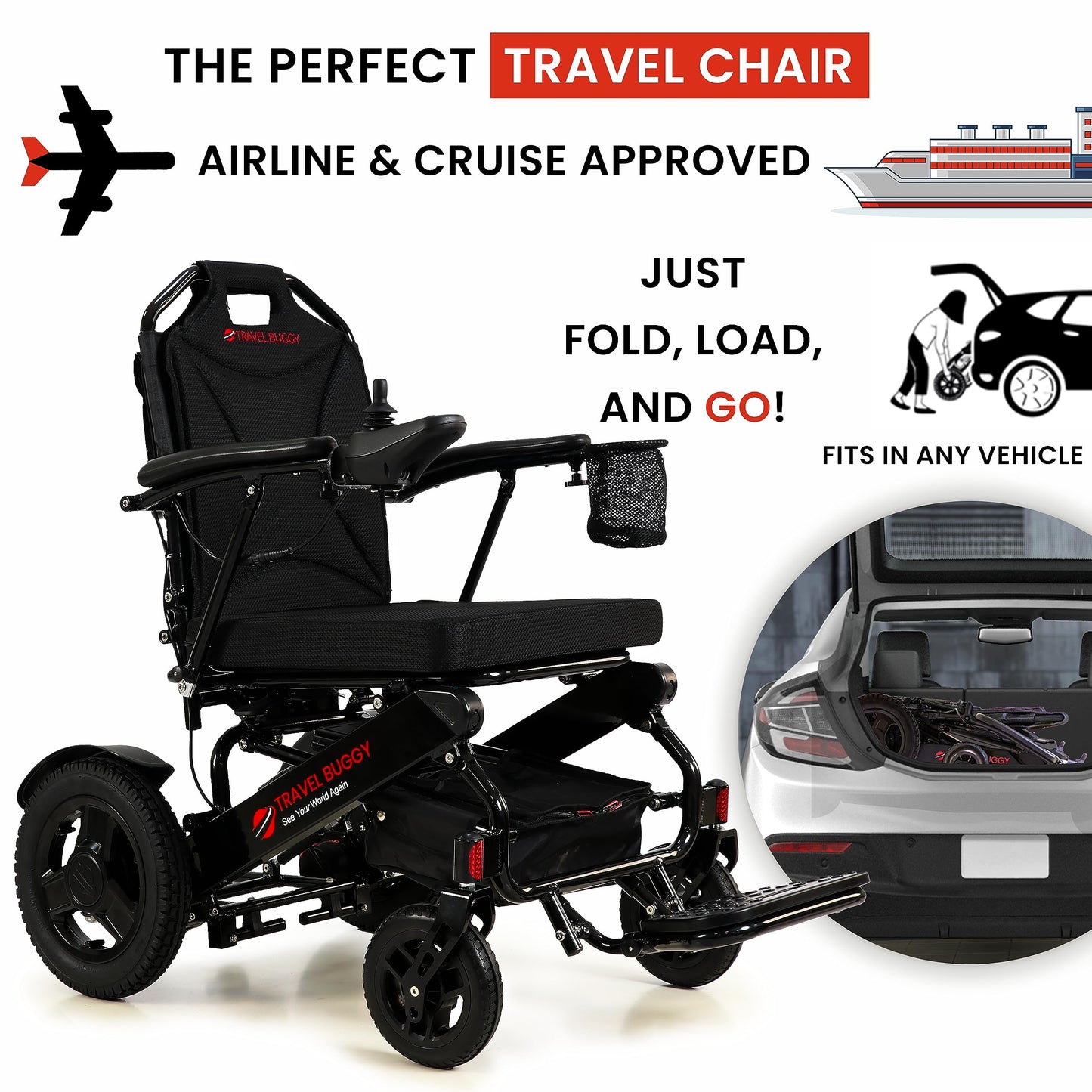 Travel Buggy Electric Wheelchair City 2 Plus, Lightweight, Foldable, Portable, Upgraded Joystick with LCD Screen, Air Travel Friendly - Ships from and Serviced in USA (Black)