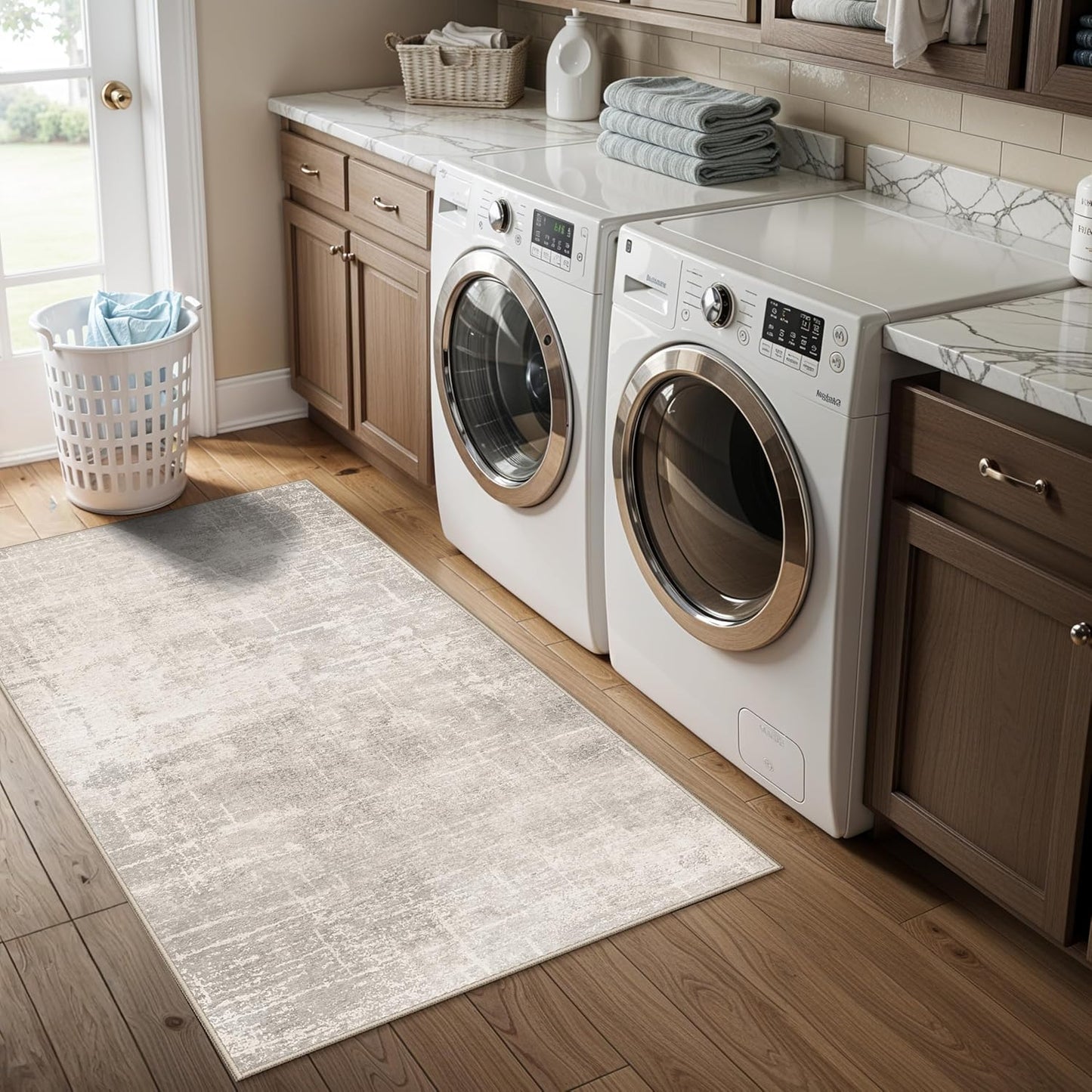 Skiennix Washable Area Rug - Abstract Water Resistant Non-Slip Doormat | Ultra Soft 2x4 Beige/Cream