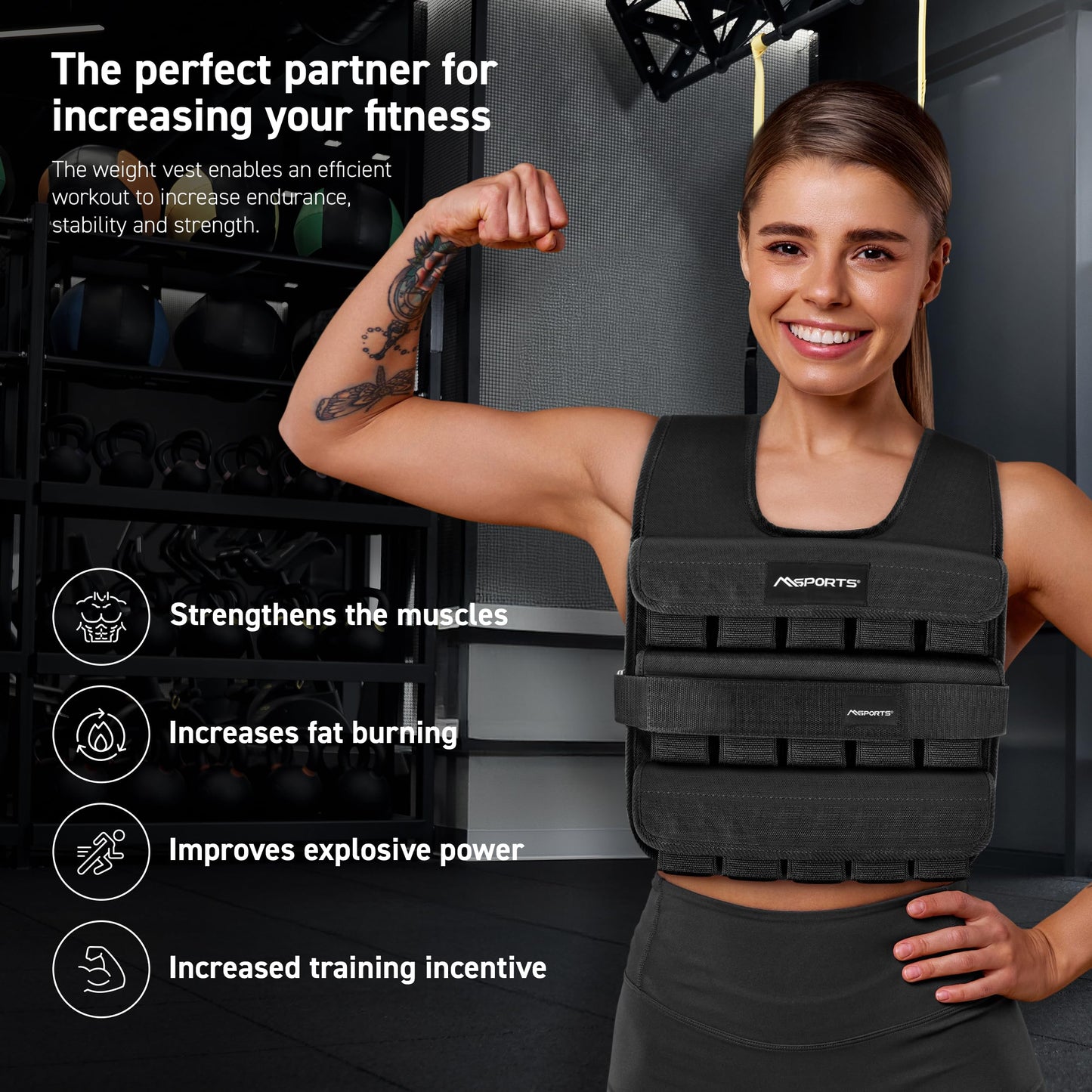 MSPORTS Premium Weighted Vest for Women & Men – Adjustable 11–65 lb, Running Vest, Walking Weighted Vest, Tactical Style Training Vest for CrossFit, Strength, Cardio & Home Workouts (Black, 45 lb)