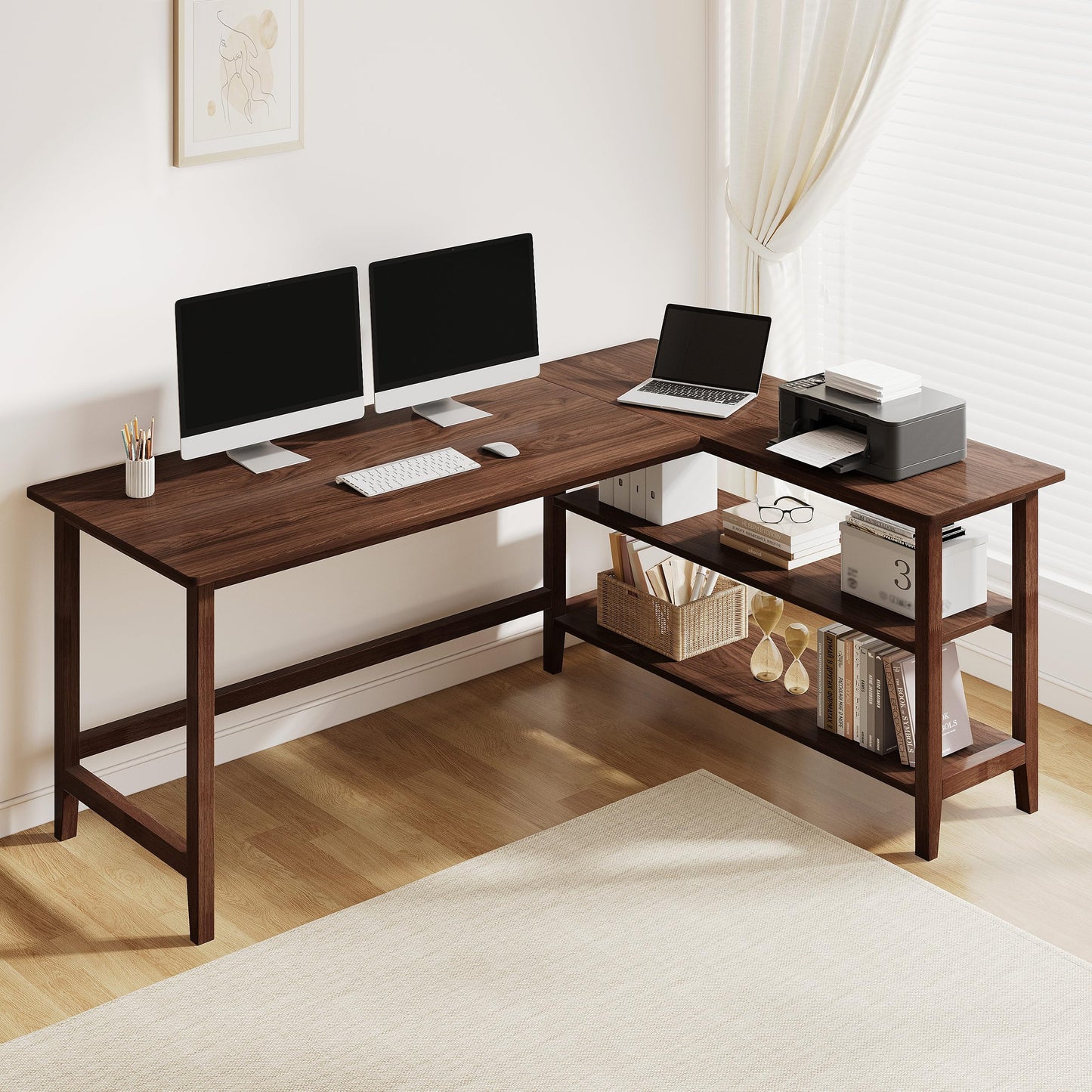 IOTXY Reversible L-Shaped Office Desk - 63" Extra Large Corner Computer Table with Storage Shelves, Solid Wood Legs, Home Writing & Study Workstation, Walnut