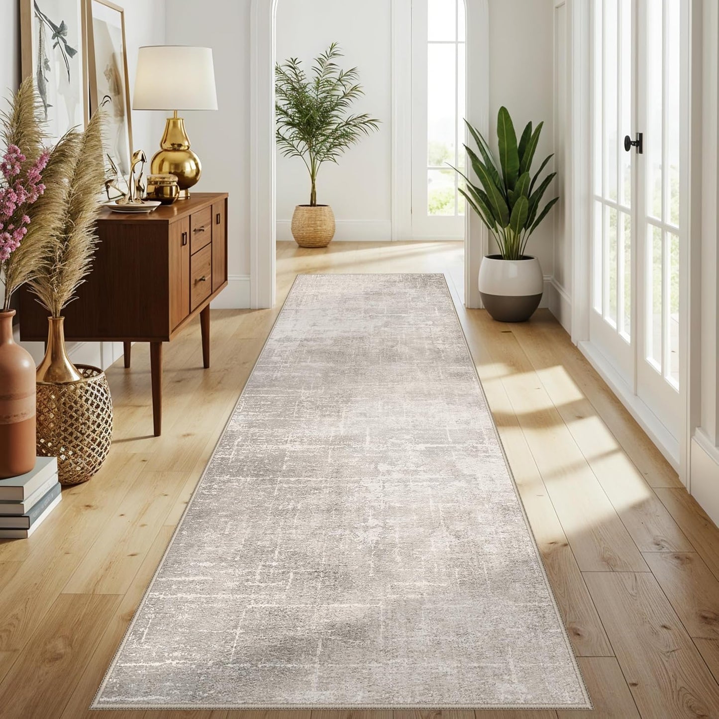 Skiennix Abstract Kitchen Rug Runner - Washable Non-Slip Soft Floor Mat | 3x10 ft Beige/Cream