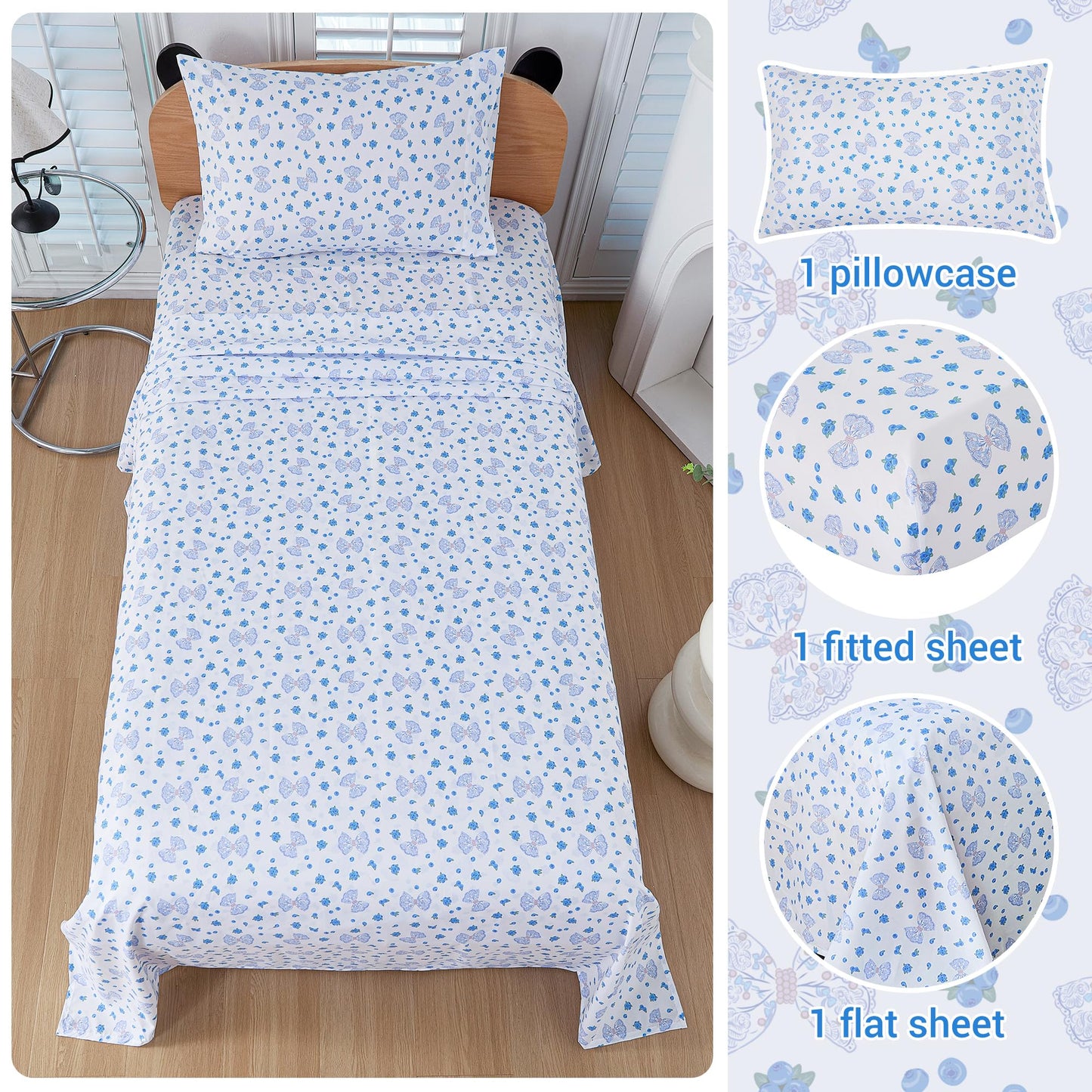 Viviland 3 Pieces Girls Blueberry Twin Sheet Set - Soft Microfiber Fitted Flat Sheets & Pillowcase - Blue Bow Blueberry Bedding Sets - for Kids & Toddlers