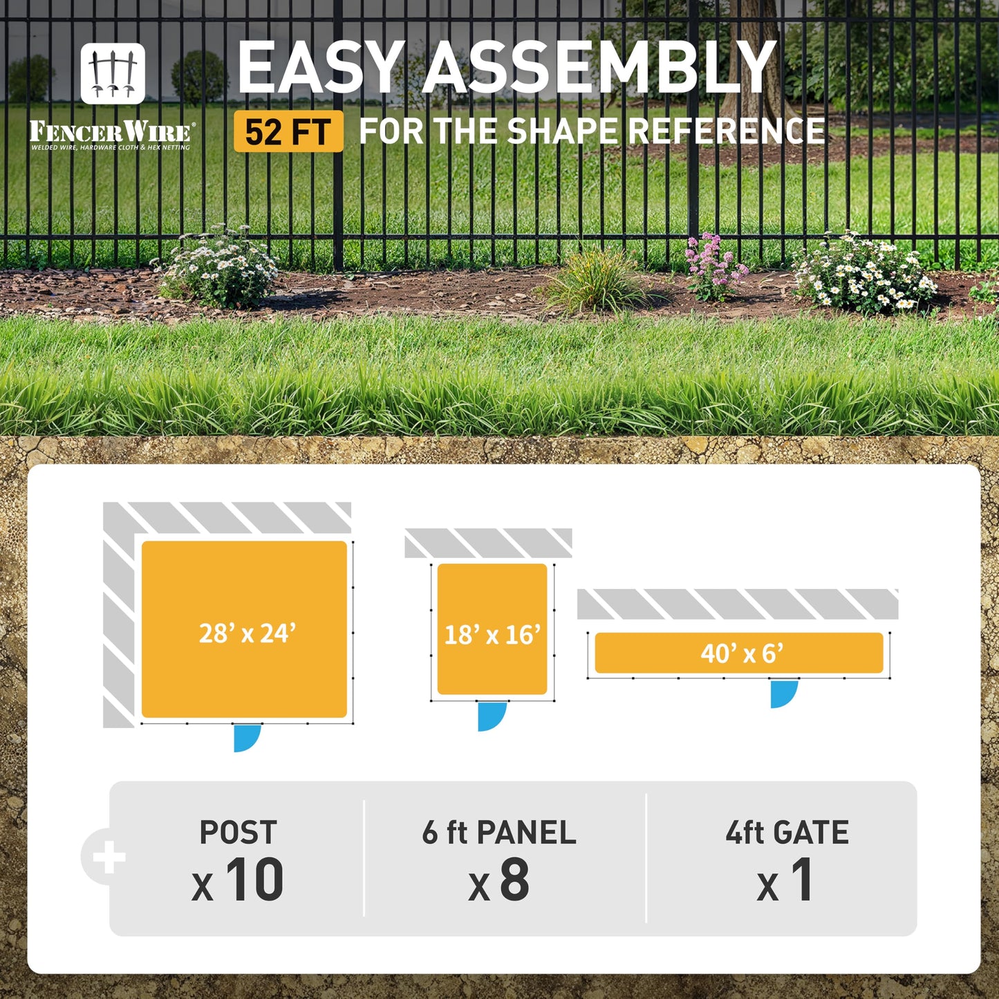 Fencer Wire 52FT Heavy Duty Flat Top Fence Barrier Kit, Anti-Rust Metal Steel Fence with 6FT Height X 6FT Width Panels, with Pinnacle Gate, Posts, Connectors, Outdoor Fencing for Yard