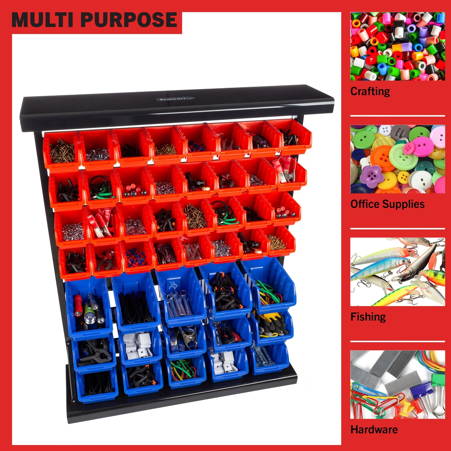47-Bin Garage Organization Rack (15 Large, 32 Small) - Tabletop or Wall Mount Steel Rack with Removable Stackable Garage Storage Bins, Small Parts Organizer for Hardware or Office Supplies by Stalwart