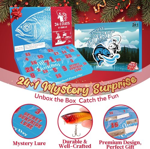 Fishing Advent Calendar 2025 - 24+1 Lures Set with Mystery Surprises | Perfect Gift for Men and Fishermen