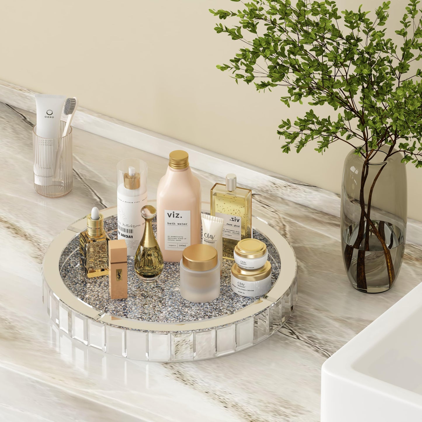 Blingworld 14" Mirrored Tray with Lazy Susan, Easy Access, Super Gorgeous Round Tray with Crushed Diamond Silver Finish - Perfume Organizer & Jewelry for Dresser