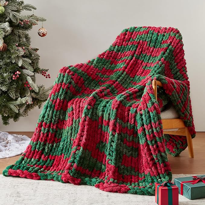 Negwoo Chunky Knit Throw Blanket, 50''*60'' Knitted Throw Chenille Yarn for Bed Couch, Handmade Stripe Crochet Big Thick Blanket, Machine Washable Cute Comfy Blanket for Home Decor