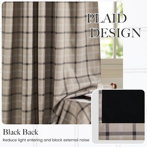 NICETOWN Buffalo Check Curtains - 84-Inch Length Gingham Plaid Drapes for Kitchen & Living Room | Taupe, 2 Panels