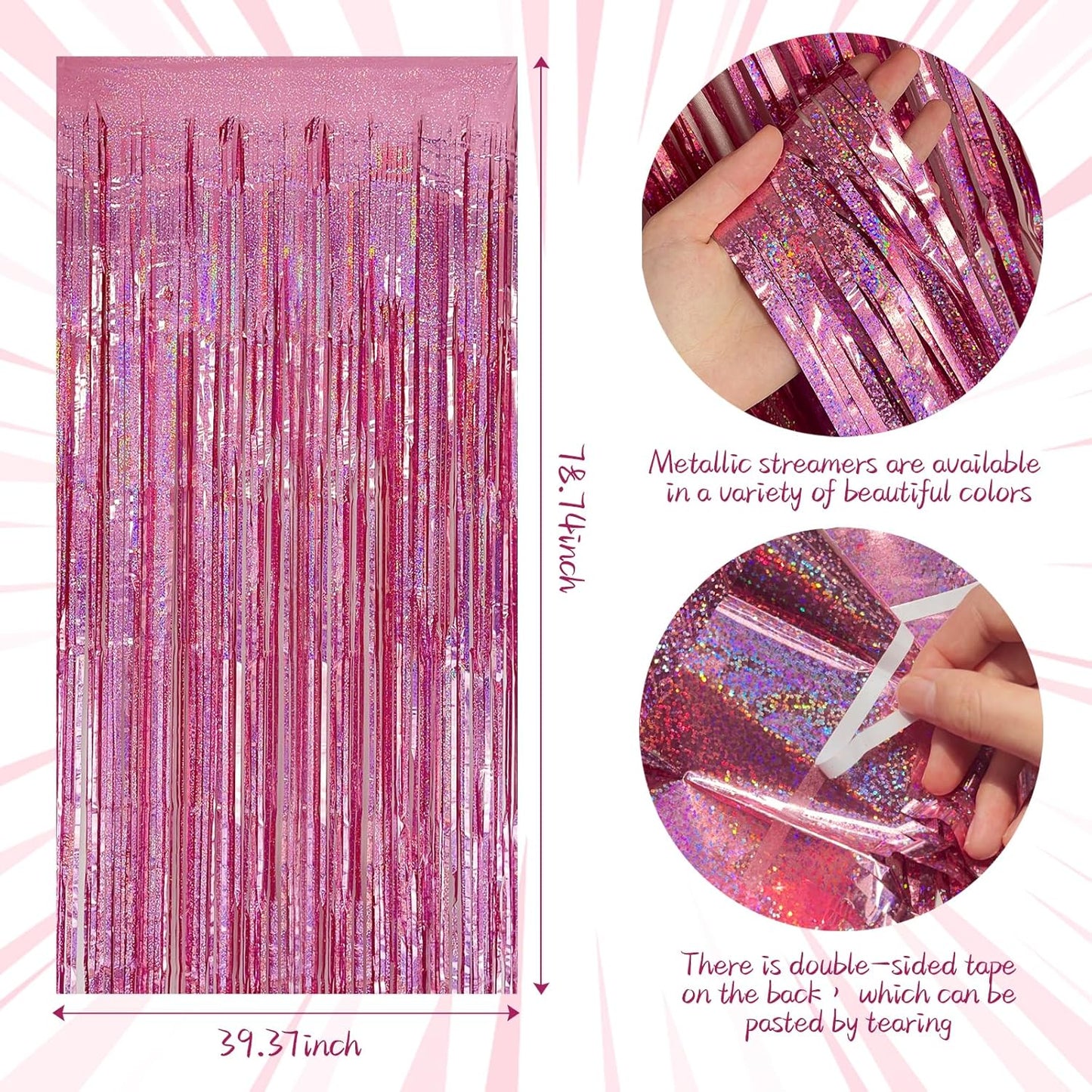 Skiennix Tinsel Curtain Backdrop - Pink Glitter Foil Fringe for Birthday & Party Decor | 5 Packs