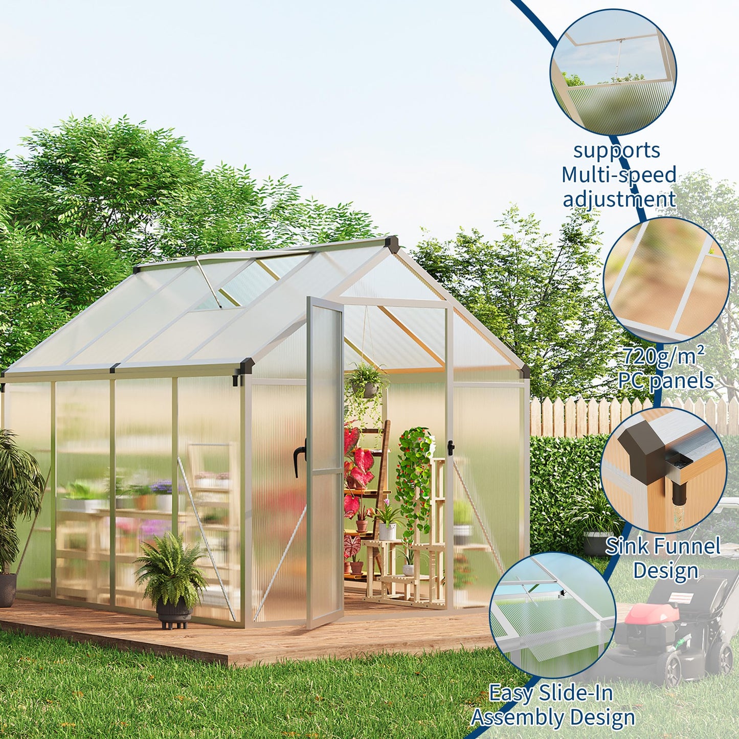 6X8FT Greenhouse, Aluminum Polycarbonate Outdoor Green House, Green Houses for Outside with Sliding Doors, Ajustable Roof Vent, Withstands Bad Weather for Garden, or Backyard, Silver