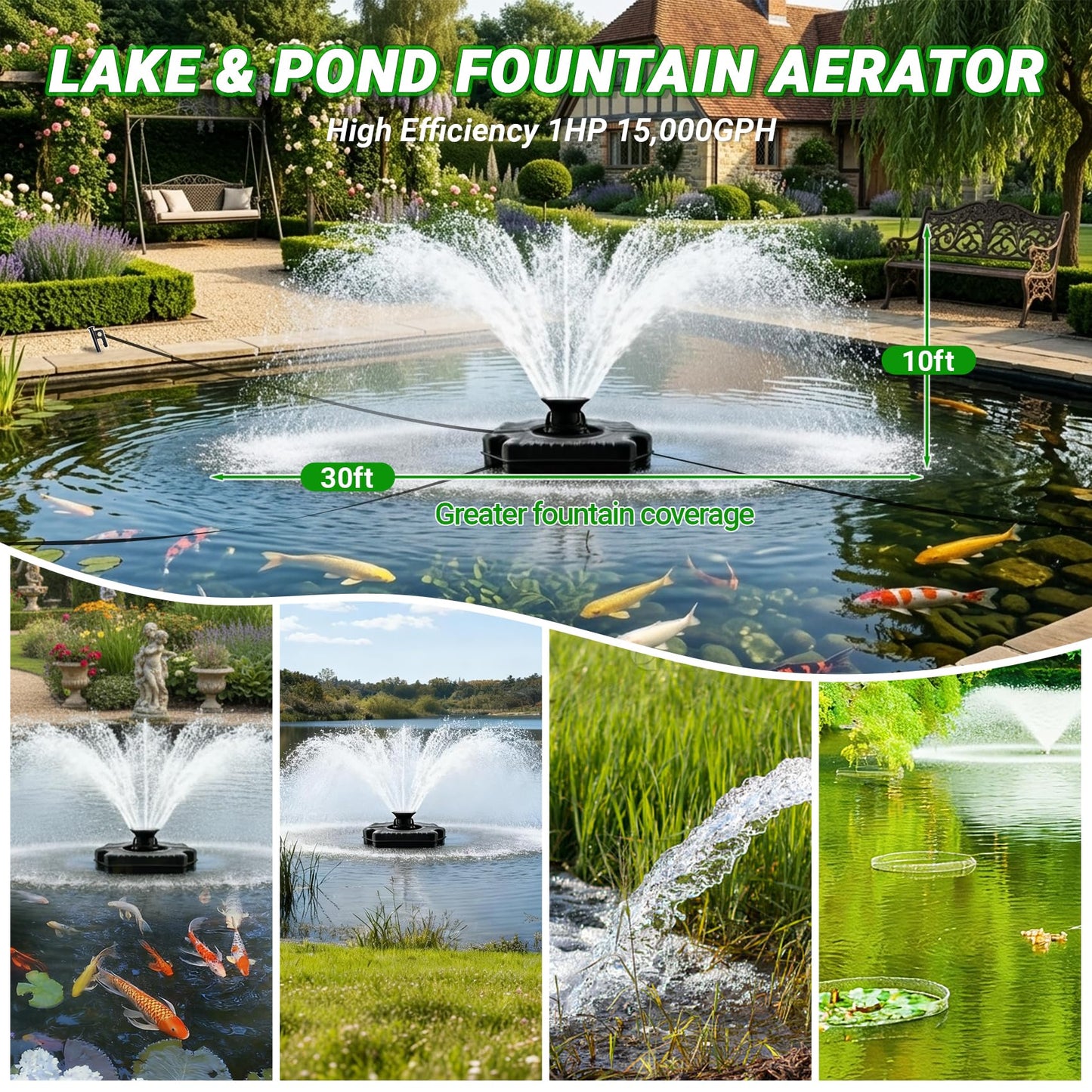 Pond Fountain Aerator, 1HP 750W Floating Fountain Aerator System for Outdoor Small Large Pond Lake, 110V 15000 GPH Fully Automatic Stainless Steel Fountain Pump with 100 Feet Power Cord
