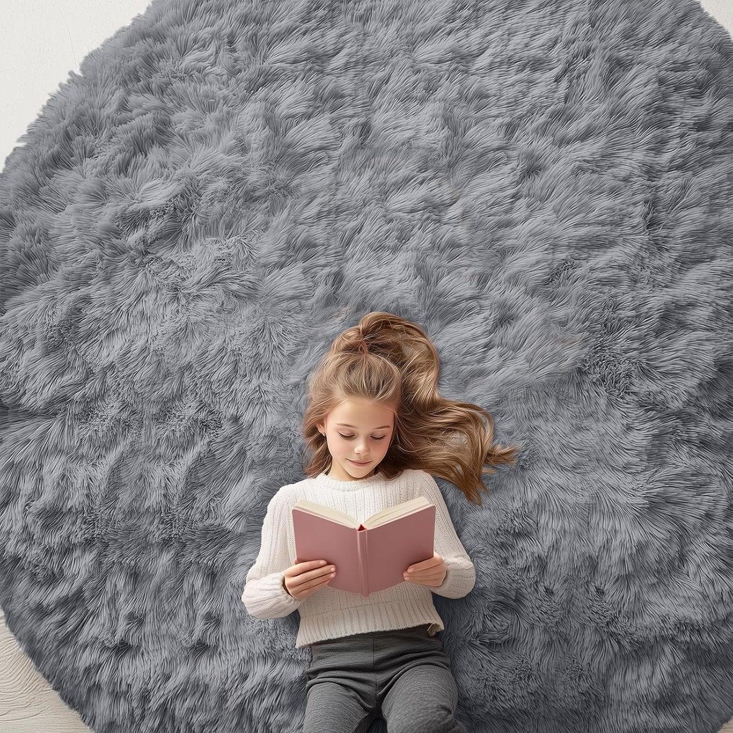 OLANLY Round Light Grey Area Rug - Soft, Fluffy, Machine Washable 8 ft Circle Carpet for Bedroom & Living Room