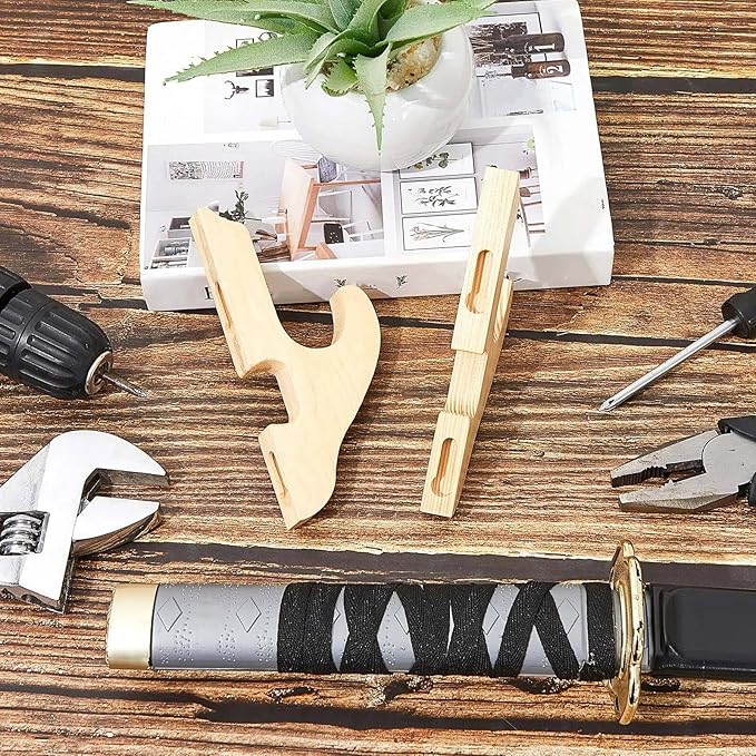 Chunful 2 Pcs Sword Wall Mount Sword Holder Katana Stand 1 Tier Hanger Adjustable Wooden Mounts for Samurai(5.91 x 2.76 x 1.38 Inches,Wood Color)