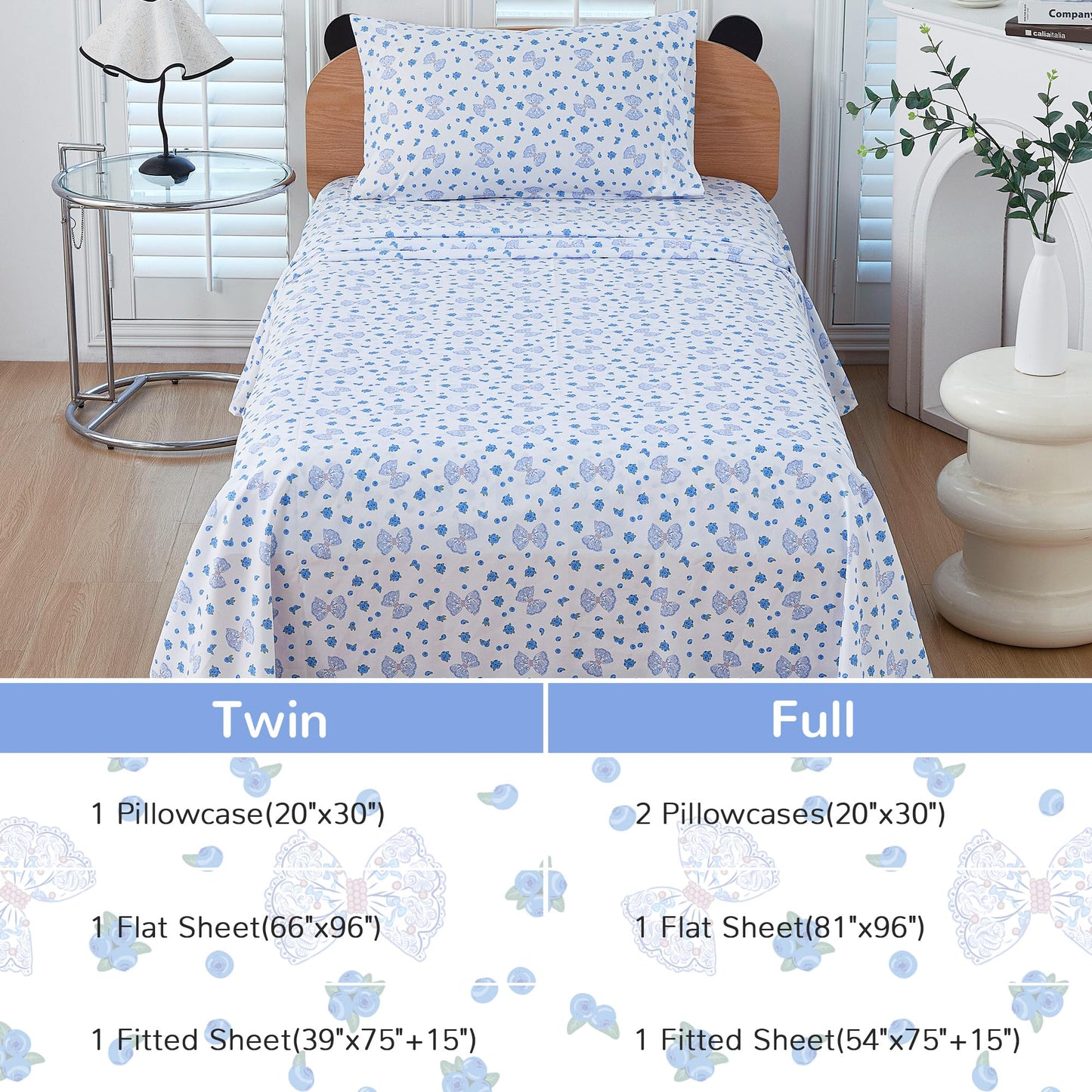 Viviland 3 Pieces Girls Blueberry Twin Sheet Set - Soft Microfiber Fitted Flat Sheets & Pillowcase - Blue Bow Blueberry Bedding Sets - for Kids & Toddlers