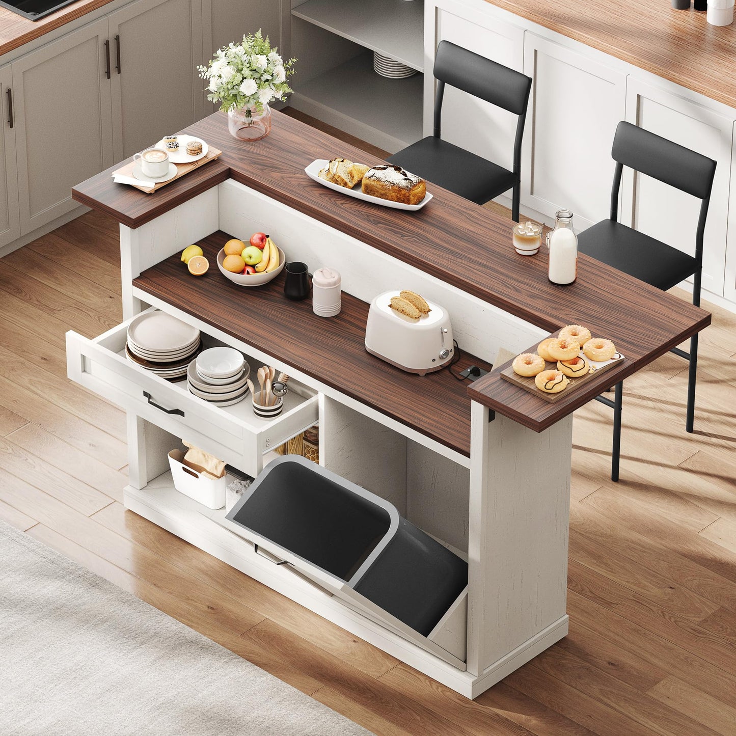 Homiflex Kitchen Island with Seating, Rolling Kitchen Islands with Storage, 55" W Large Island Table, Breakfast Bar Counter with Drop Leaf, Trash Can Cabinet, Power Outlet for Dining Room, Walnut