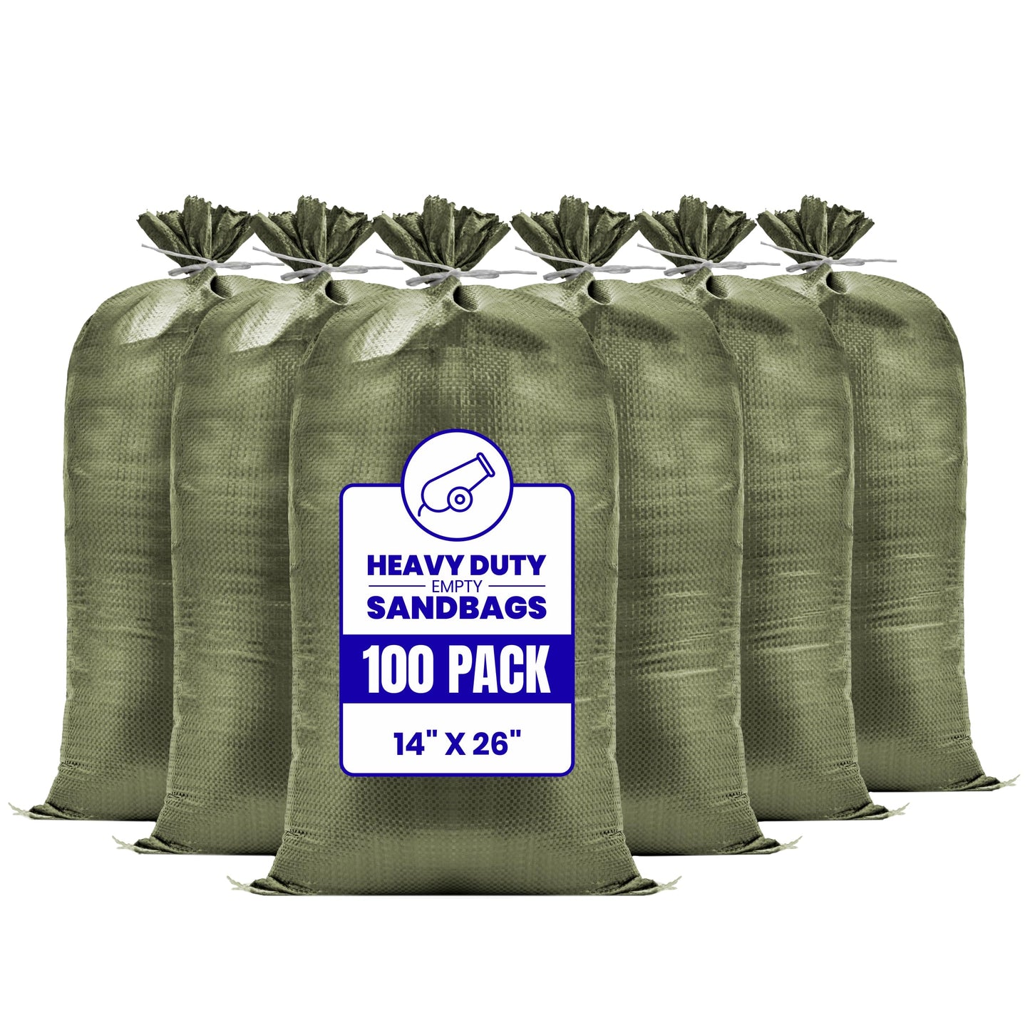 (Not Made in China) 100 Pack, Heavy Duty Sand Bags for Flooding, Empty W/Tie Strings, UV Protection for 1600 Hours, Flood Water Barrier Sandbags,14in x 26in, Sandbag for Weight, 50lb Capacity