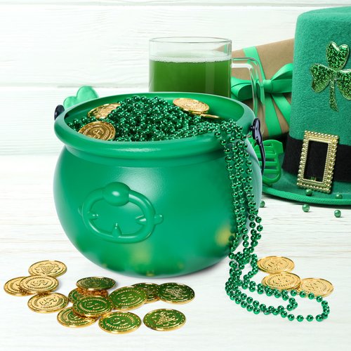JOYIN 7.5'' St. Patricks Day Green Cauldron, Plastic Lucky Leprechaun Pot, Candy Kettle Bucket & Basket for St. Patricks Day, Mardi Gras, Halloween Party Decoration Supply Accessory