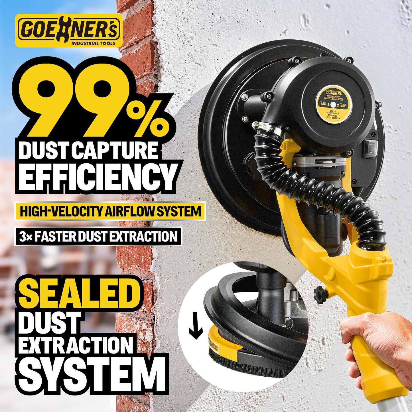 Drywall Sander, 950W 8.5A Electric Drywall Sander with Vacuum Dust Collector, 9 Variable Speed 800-2100RPM, 26FT Power Cord, Wall Sander for Popcorn Ceiling, Pole Sander for Drywall (Yellow)