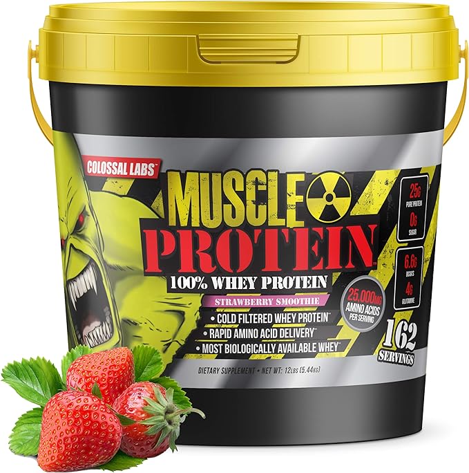 Muscle Protein Whey Powder [12 lbs/Pack of 1]??Cold Filtered, 25g Pure Protein, 6.6g BCAAs (Packaging May Vary) (12LB, Strawberry)