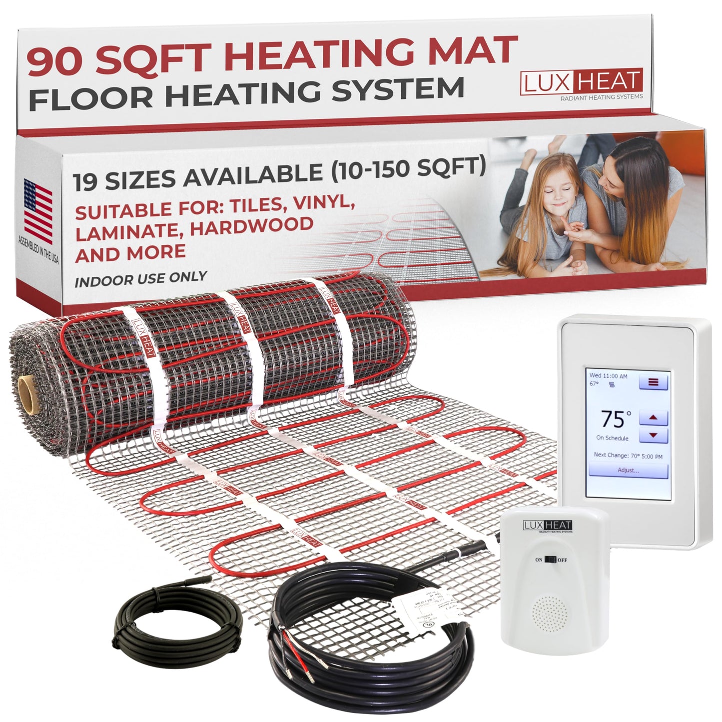 LuxHeat 90sqft Floor Heating Mat Kit – 120v Electric Radiant Heated Floor Kit – Heated Flooring System for Tile & Laminate - Includes UDG4 Programmable Thermostat w/GFCI, Alarm & Sensor