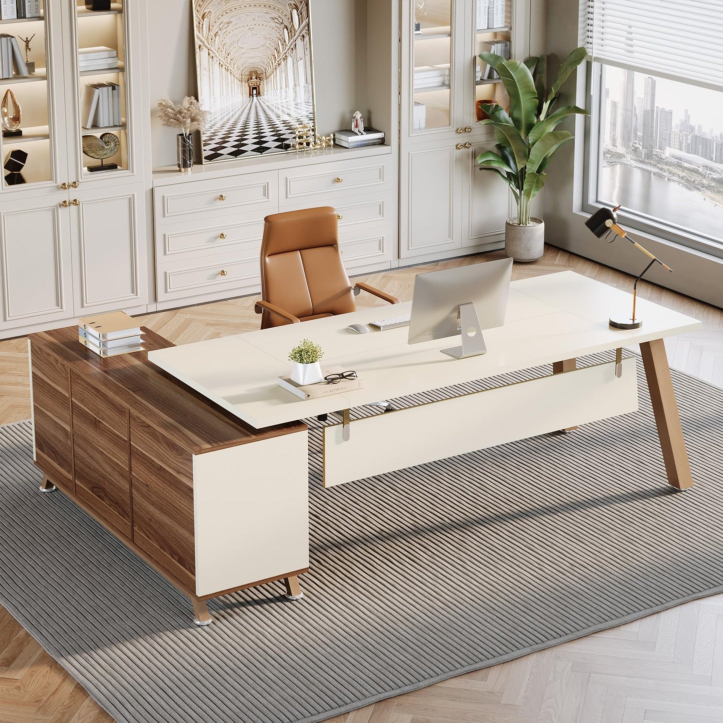 Tribesigns 78.7" L-Shaped Executive Desk, Modern Office Desk with File Drawers & Storage Shelves, Large Computer Desk with 55-Inch Cabinet, Business Workstation for Home Office, Beige & Walnut