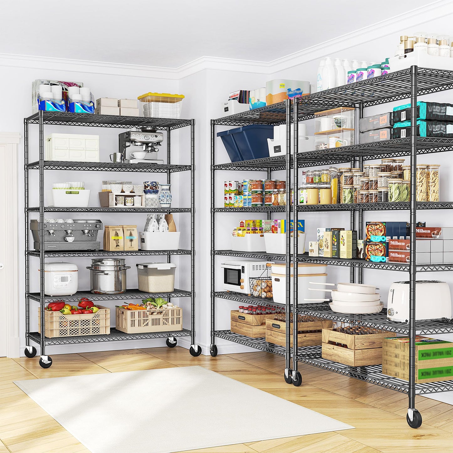 Romorgniz 6-Tier Rolling Storage Shelves, 82" H x 45" W x 18" D Adjustable Wire Shelving Unit with Locking Wheels, Heavy-Duty Metal Rack for Garage, Pantry, Kitchen, Basement – Black