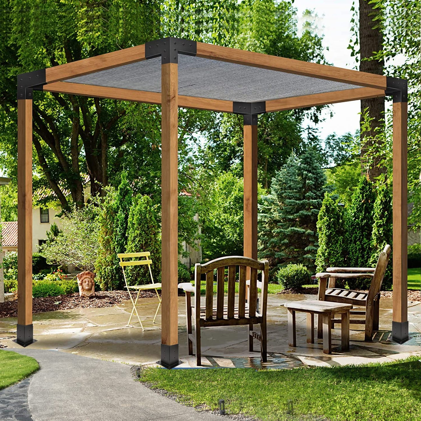Grehitk Pergola Kit, Pergola Brackets 3-Way Right Angle Corner Bracket Woodworks DIY Post Base Kit, Wooden Beams for Gazebos Patio Pergolas Log Cabin