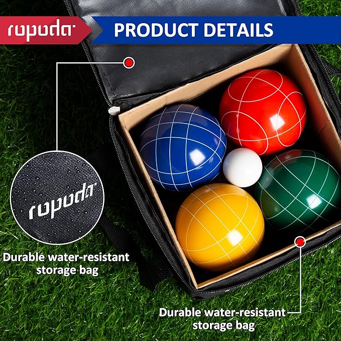 ropoda 90mm Bocce Ball Set with 8 Polyresin Balls, Pallino, Case and Measuring Rope for Backyard/Lawn/Beach/Outdoor, Resin Bocce Ball for Kids Teens Beginners(2 to 8 Players)
