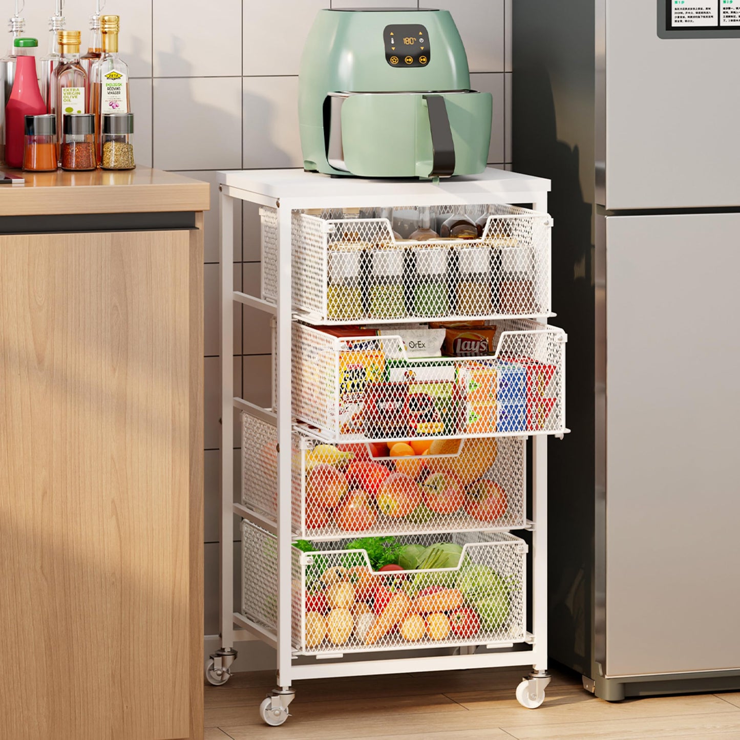 4-Tier Kitchen Storage Cart - Fruit Vegetable Storage Cart with Drawers, Wooden Top Metal Wire Kitchen Organizer and Storage Cart with Wheels to Storage Onions Potatoes Cans Snacks for Kitchen