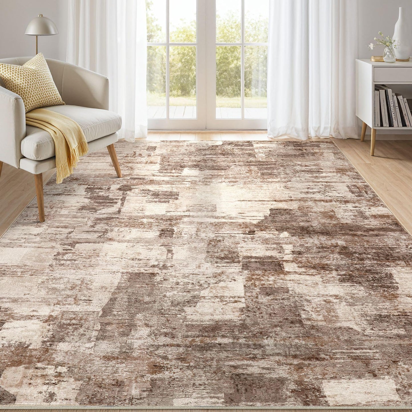 kakania 5x7 Washable Area Rug - Abstract Soft Non-Slip Modern Low-Pile Carpet for Living Room Bedroom Office Dorm, Kid Pet Safe Robot Vacuum Friendly - Brown