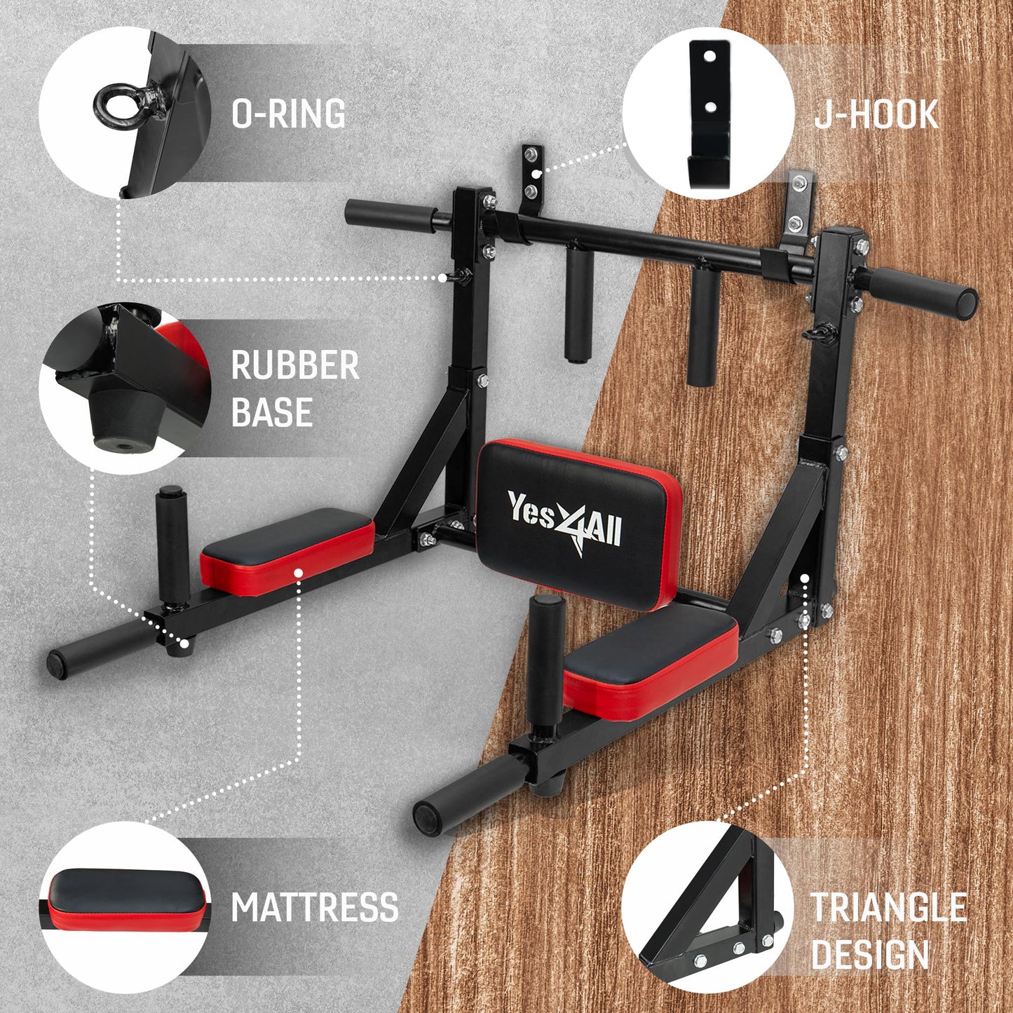 Yes4All Multifunctional Wall Mounted Pull Up Bar Chin Up Bar Dip Station for Home Gym Workout, Power Tower Set Training Equipment Fitness Supports 515 lbs