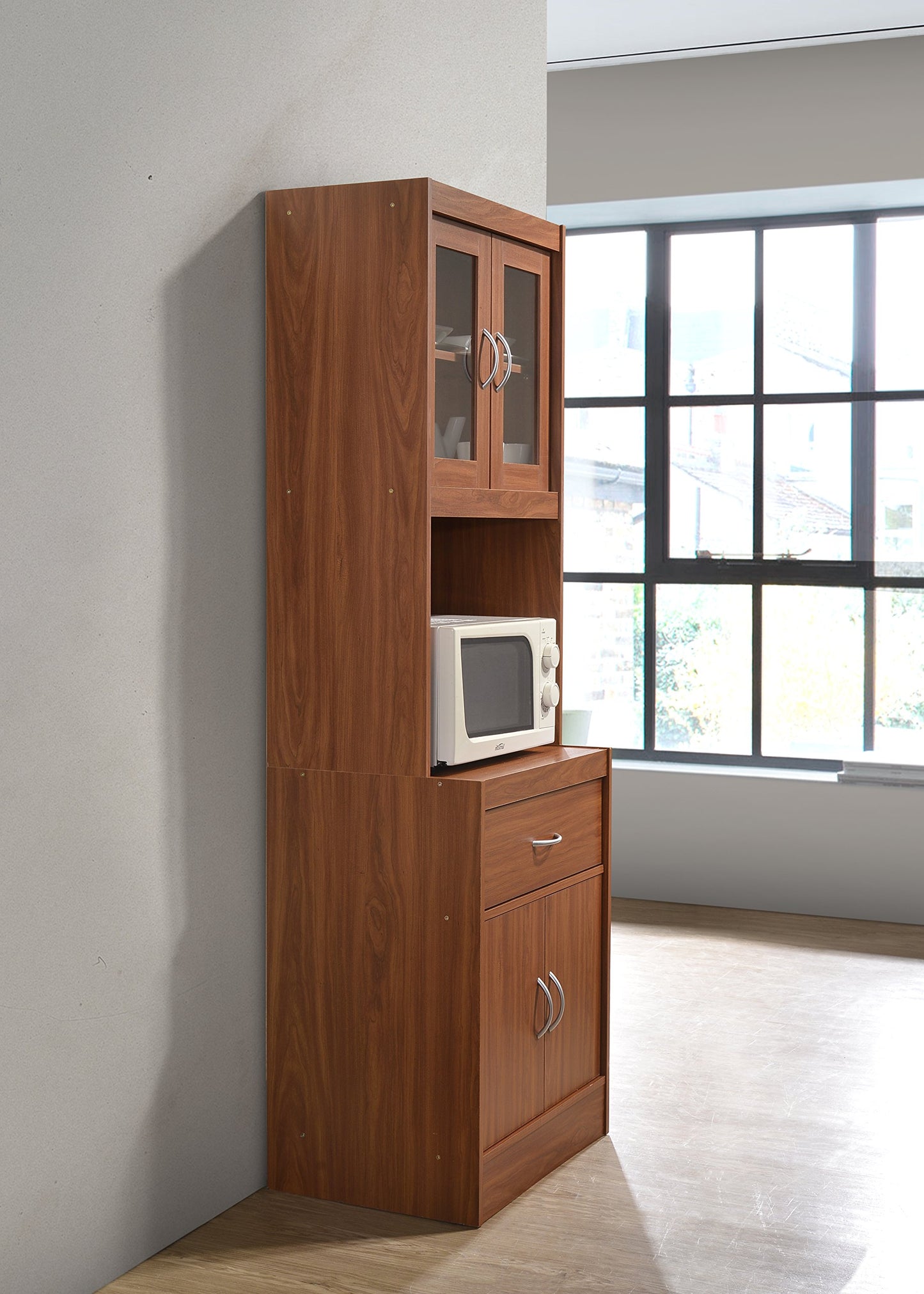 Hodedah Long Standing Kitchen Cabinet with Top & Bottom Enclosed Cabinet Space, One Drawer, Large Open Space for Microwave, Cherry