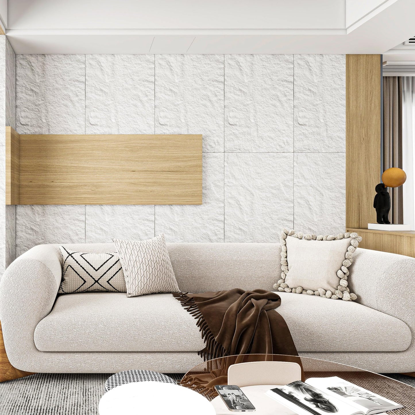 KASARO PU 3D Faux Stone Wall Panels, 4 PCS Wainscoting Panel for Interior Wall Decor, Cement Texture Accent for Home, Office, 47.2×23.6inch, Cement White