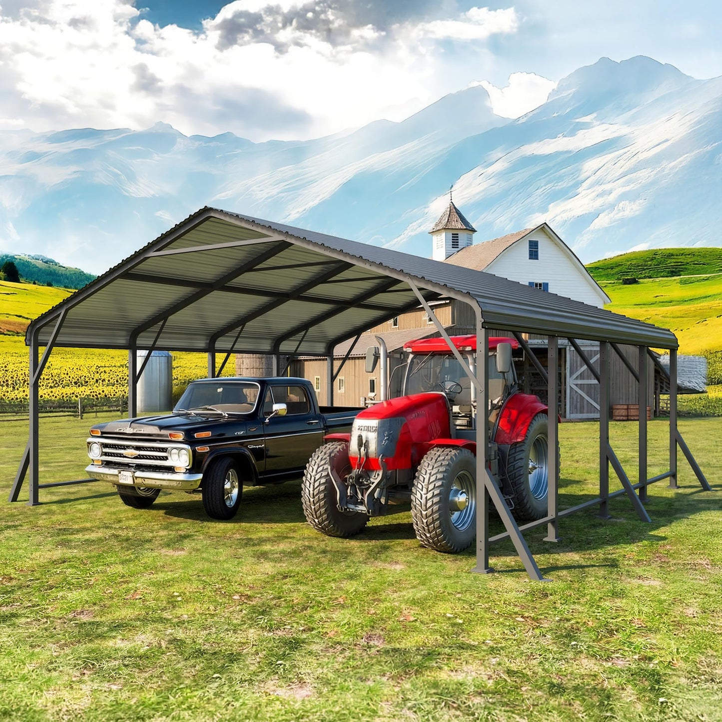 20'x20' Metal Carport with Updated Roof & Enhanced Base, Heavy Duty Canopy Carport Garage, Vertaile for Car, Truck, Boat, Tractors, Party, Dark Gray