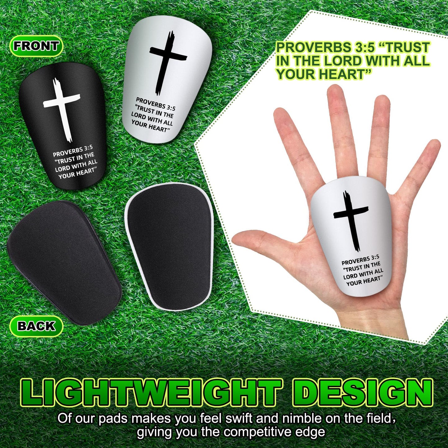 PullCrease 2 Pairs Mini Soccer Shin Guards Christian Faith Cross Small Shin Guards with Bible Verse Religious Soccer Football Pads for Kids Adult(Black, White,3.15 x 1.97 Inches,Proverbs 3:5)