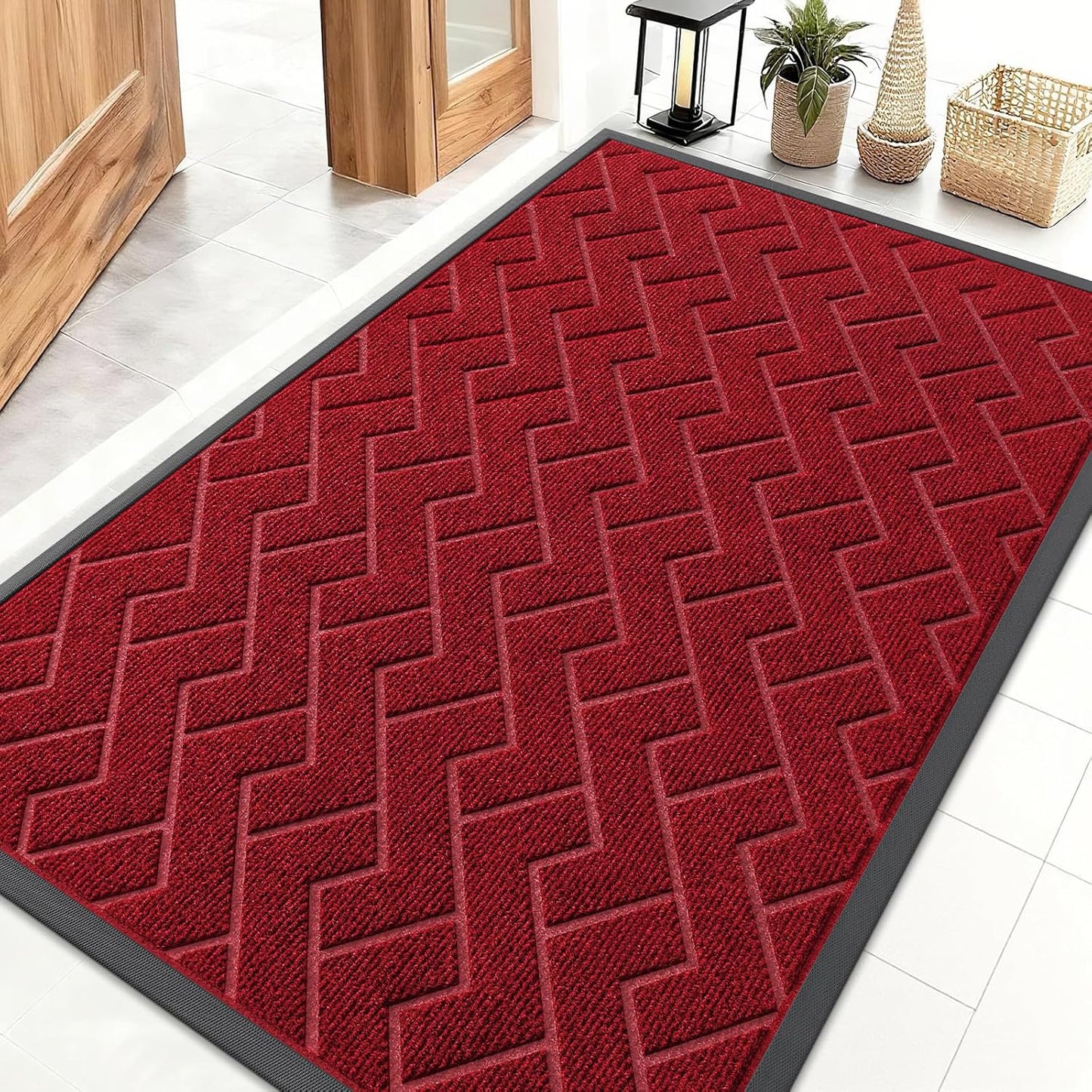 OLANLY Waterproof Front Door Mat - All-Season Herringbone Doormat | Easy Clean, Low Profile, Wine Red (47x32)