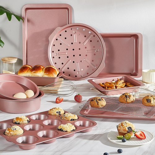 HONGBAKE Nonstick Bakeware Set - 10-Piece Kitchen Baking Pans with Wider Grips | Pink