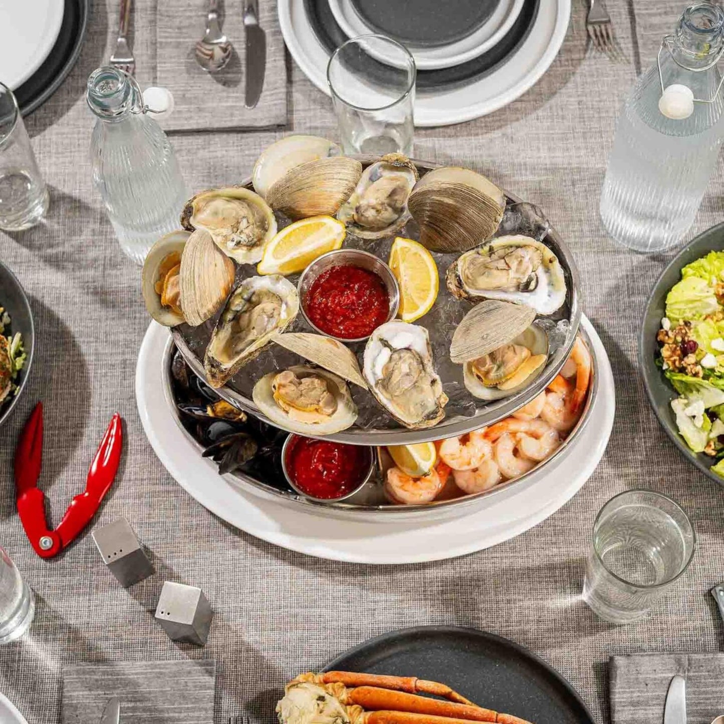 TableCraft 12914 Oval Two-Tiered Seafood Tower, Double-Wall Stainless Steel Display with Mirror Finish, 11.75" & 13.75" Oval Bowls, Elevated Chilled Presentation, 14" x 9.5" x 8.5", Silver